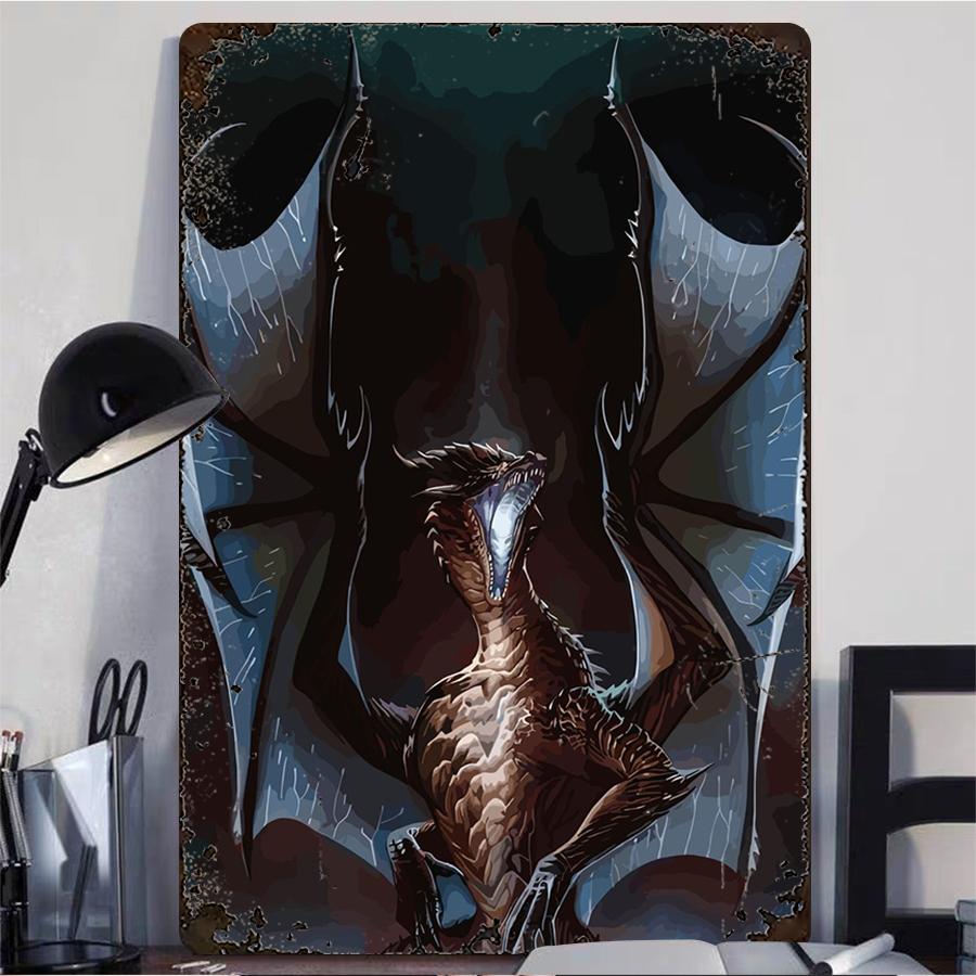 Vintage Dark Style Fire Dragon Metal Wall Art Living Room Study Decor Relief Craft