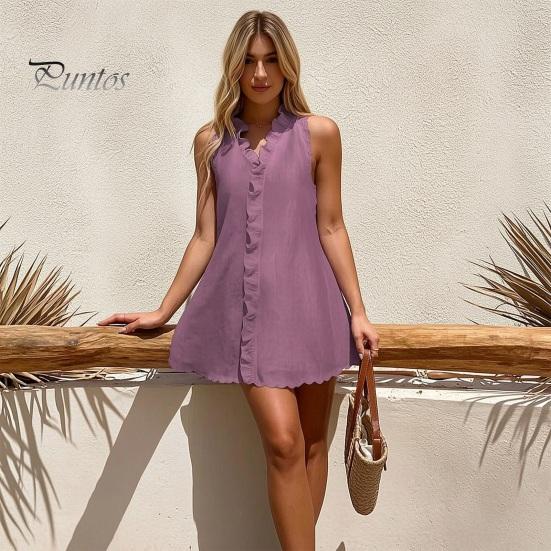 Breathable Summer Dress Ruffle Mini for Women, Sleeveless V Neck Cotton Skirt Linen Short Dress, Boho Beach Vacation Casual A-Line Sundress Bohemian