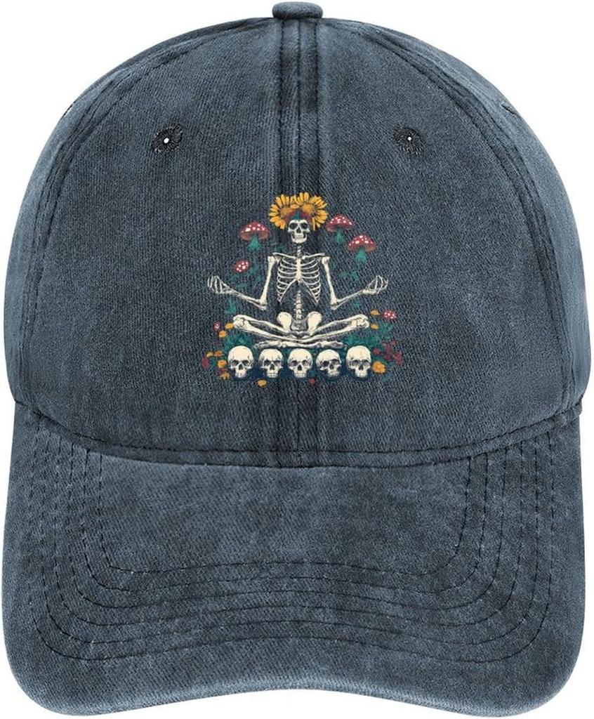 Skeleton Meditation Sunflower Mushroom Skull Print Washed Baseball Cap Unisex Adjustable Cotton Dad Hat