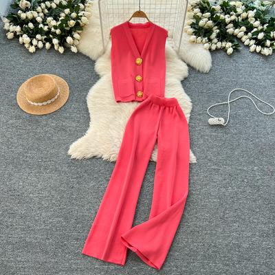Conjunto de dos piezas de suéter de punto para mujer, chándal sin mangas con botones dorados grandes, camiseta sin mangas y pantalón de pierna ancha