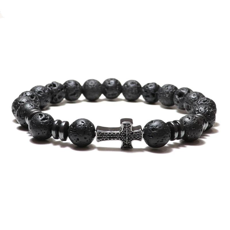 100% Natural Volcanic Lava Bracelet Black Zirconia Braclet New Simple Fashion Cross Braslet Hematite Gift for Boyfriend