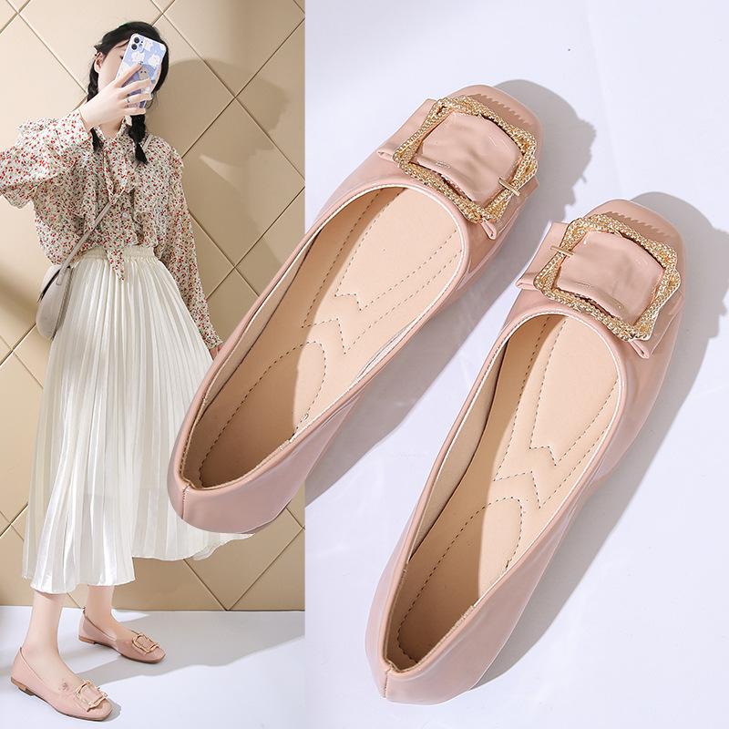 High heels women's 2025 new patent leather square head soft sole low heel Doudou shoes shallow mouth fashion versatile thick heel single shoes
