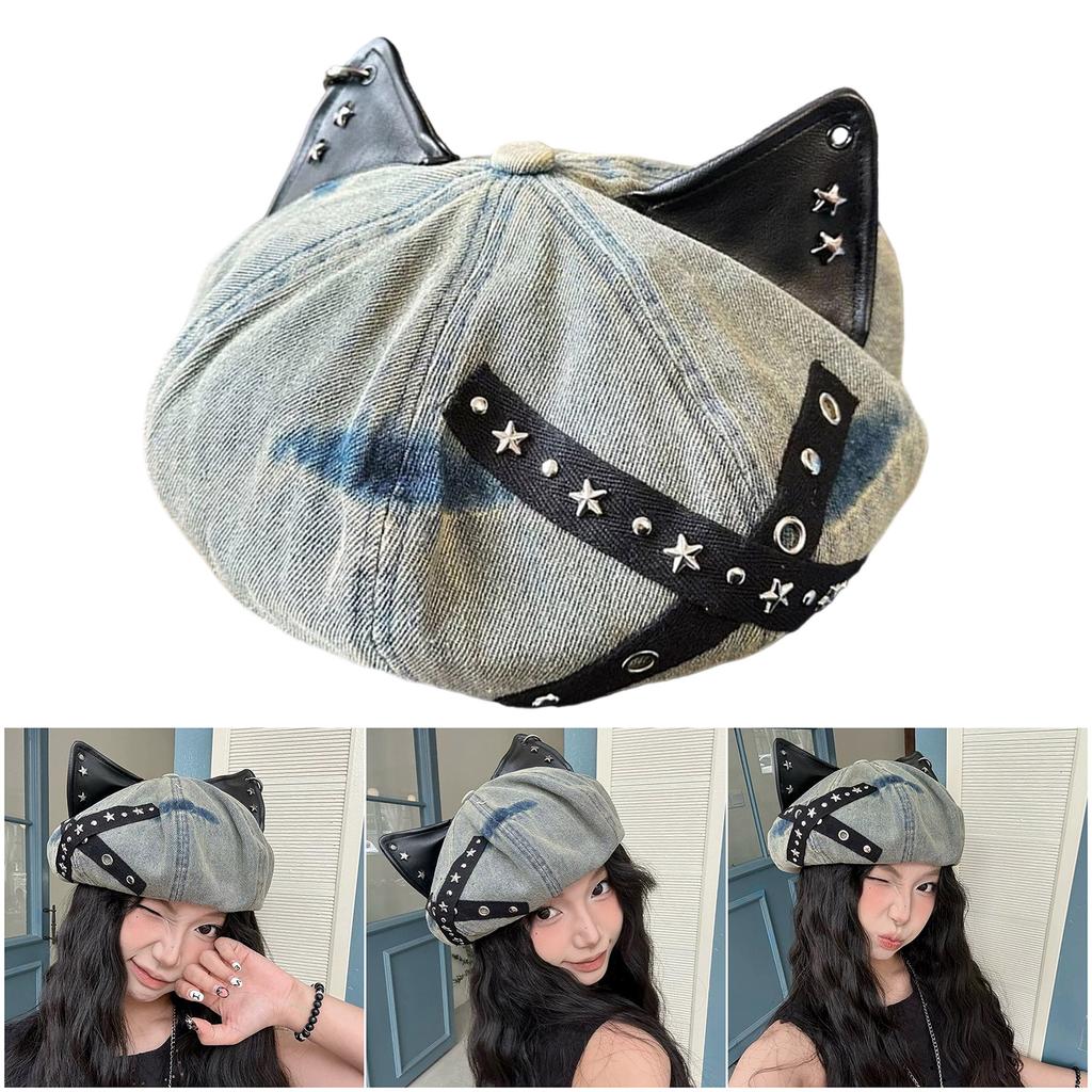 Soft Cotton Studded Cats Ear Hat Adjustable Head Size Vintage Unisex Beret For Theme Event Outfits