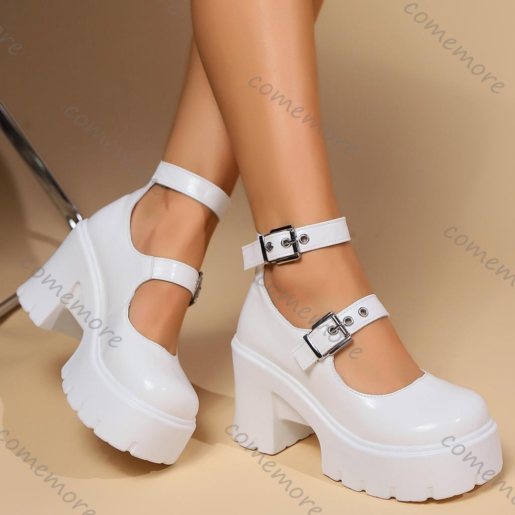 Comemore Gothic Chunky Platform Pumps for Women Super High Heels Ankle Strap Mary Jane Shoes Woman Patent Leather Women Heels