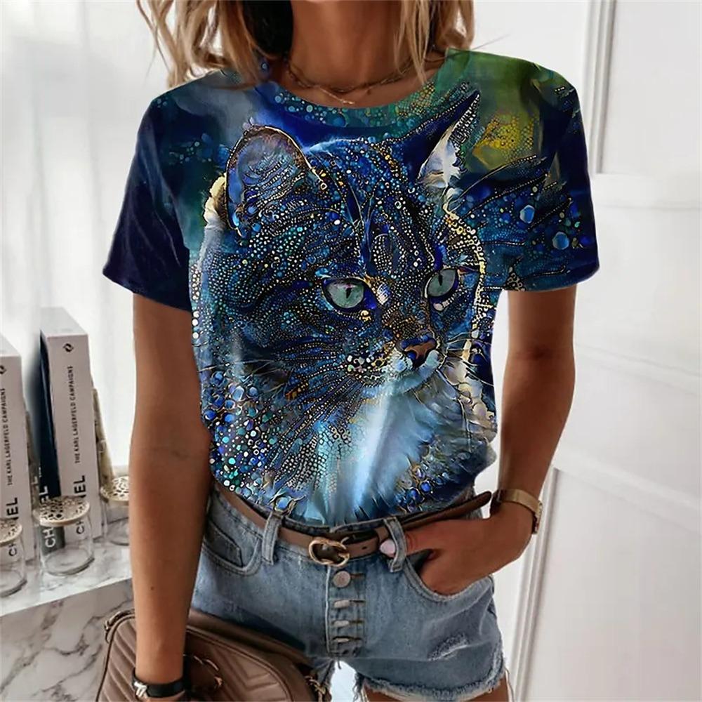 

Кавайные футболки с котами, животные, 3D-принт, женские, повседневные, с коротким рукавом, с круглым вырезом, Харадзюку, топы Y2k, женская уличная одежда S