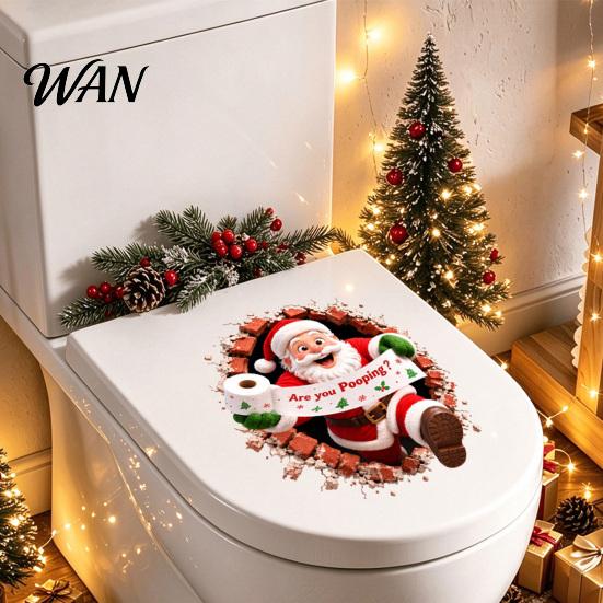 Removable PVC Wall Art Christmas Toilet Stickers, Funny Santa Claus Delivering Tissues Cover Murals Waterproof Lid Tank Seat Decals, Self-Adhesive