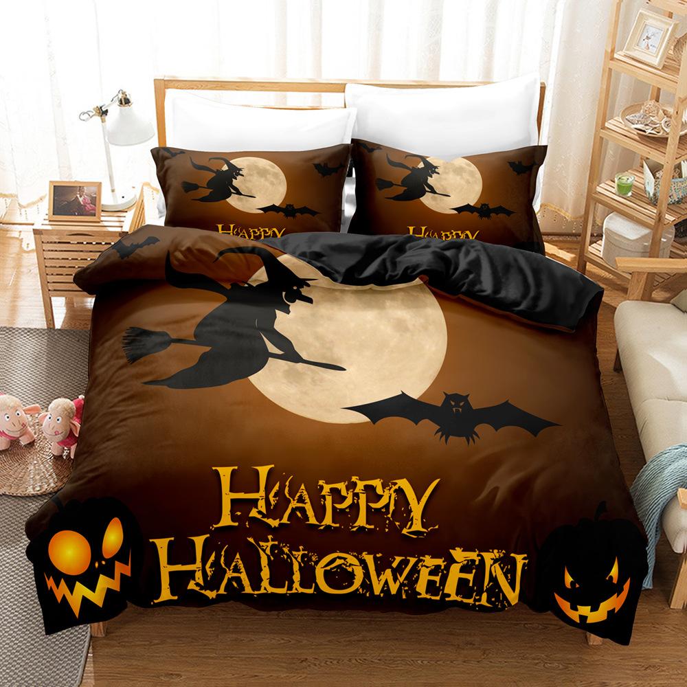 Halloween Duvet Cover Set Funny Cartoon Witches Hat Ghosts Bat Full Moon Cat Bedding Set King Size 2/3pcs Polyester Quilt Cover