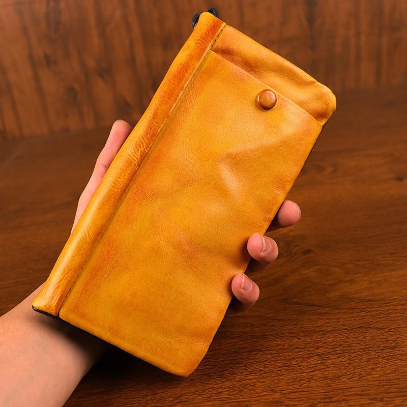 New Top Layer Cowhide Hand Polished Vegetable Tanned Leather Used Men s Wallet Long Zipper Multifunctional Retro Card Bag 21X11X3 жёлтый