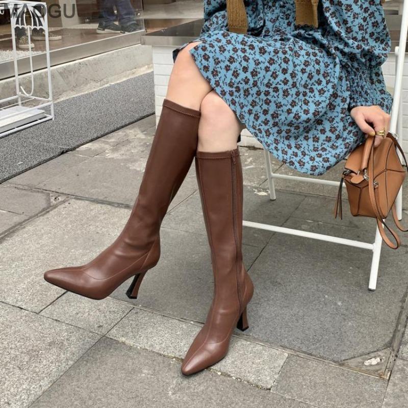 Pointed Toe Elegant Women's High Boots Side Zipper Brown Long Boots for Women Fashion Botas Mujer Knee-High Shoes Bottes Femmes