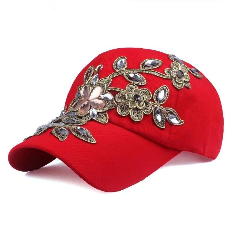 Denim Floral Rhinestone Baseball Cap for Women, Distressed Vintage Adjustable Sun Hat