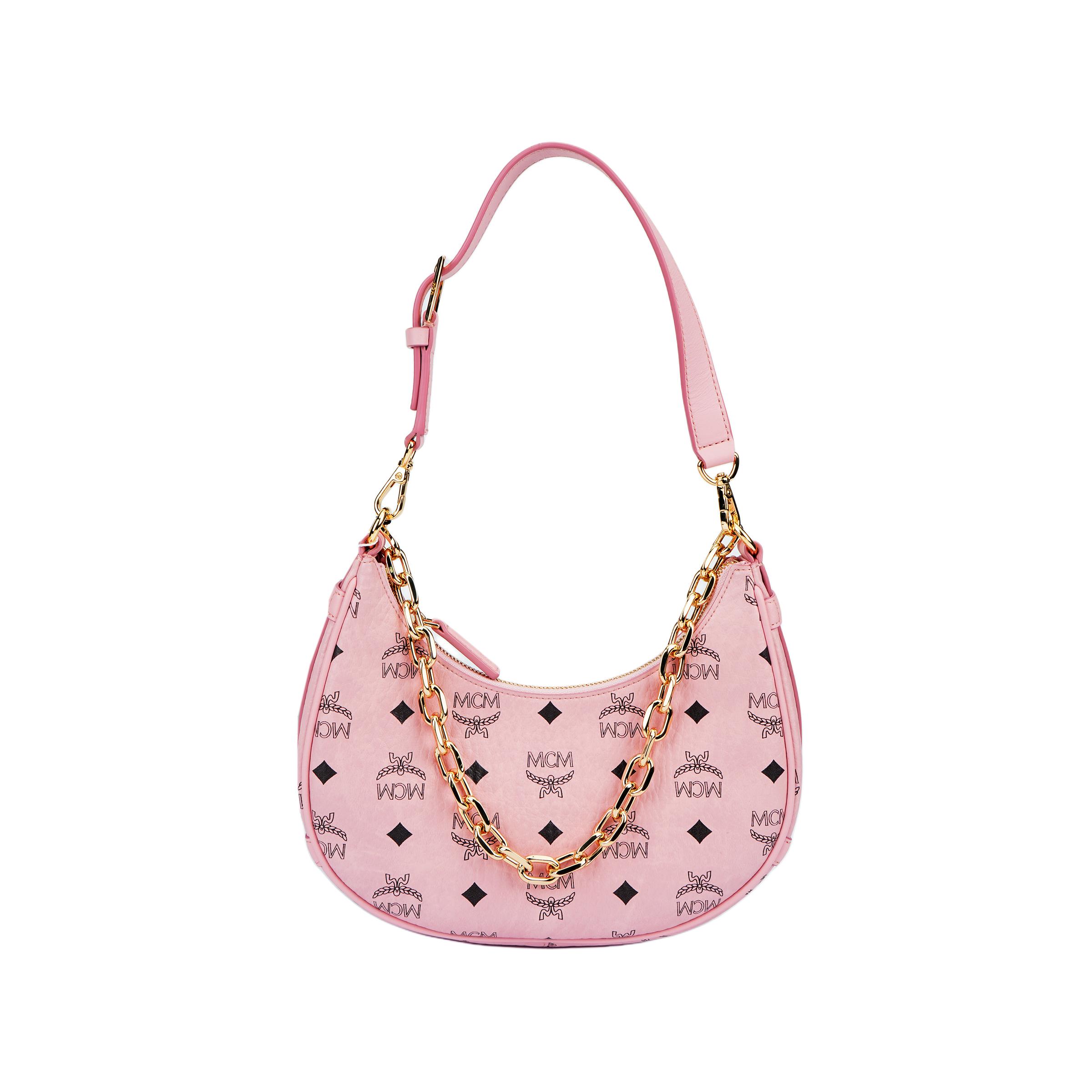 

MCM Pink Visetos Leather Hobo Crescent Shoulder Bag with Gold Chain Hardware for Daily Use Basic Set (Bag+Dust Bag)