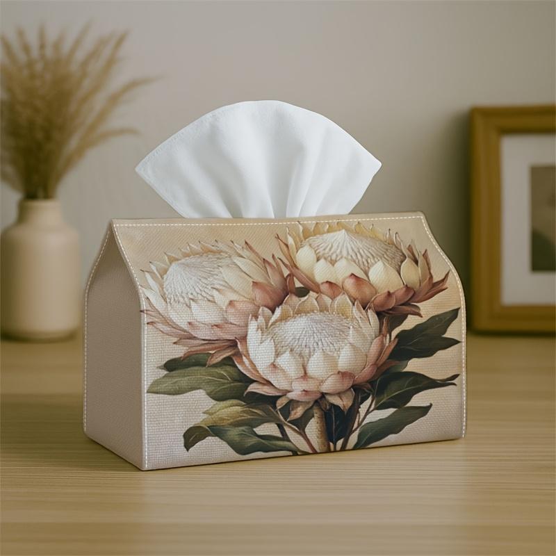 1pc of a Romantic Botanical Vintage Tissue Box Cover Featuring a Soft Cream Protea Flower. It Is High-Quality, Waterproof, Durable, Lightweight, And F