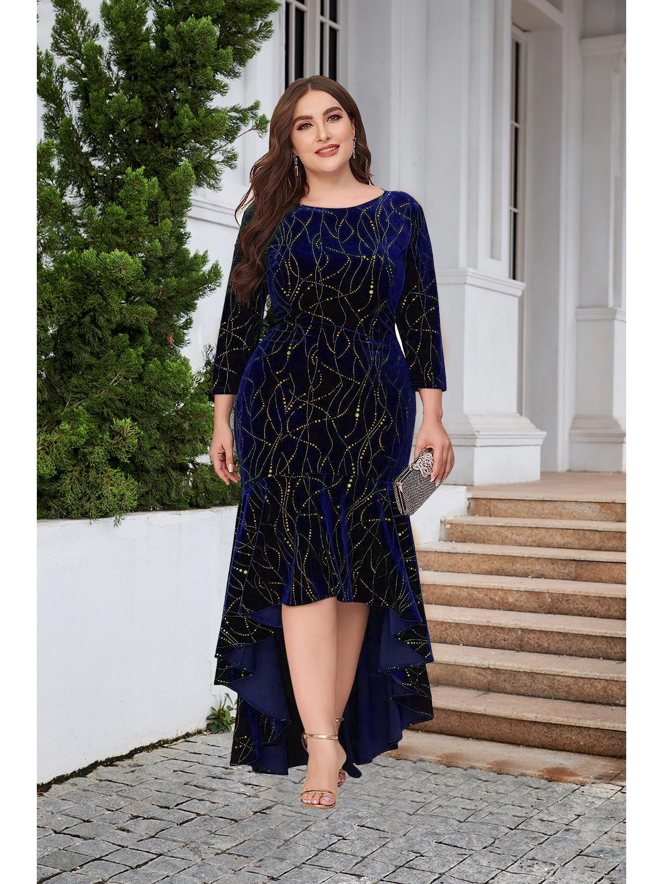 

Бархатное платье размера плюс с высоким подолом и рукавами три четверти L