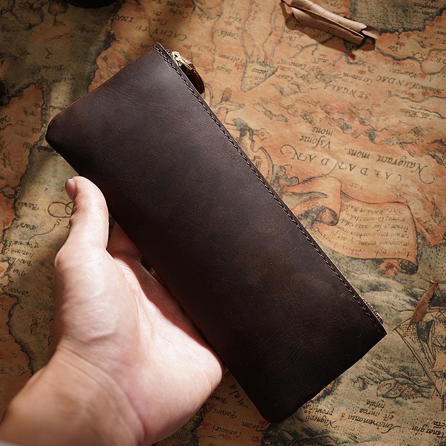 Unisex Genuine Leather Zipper Pencil Case - Handmade Retro Cowhide Stationery Box