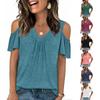 Spring Summer New Solid Color V-neck Off-shoulder Ruched Loose Short Sleeve T-shirt Top For Amazon Cross-border Trade