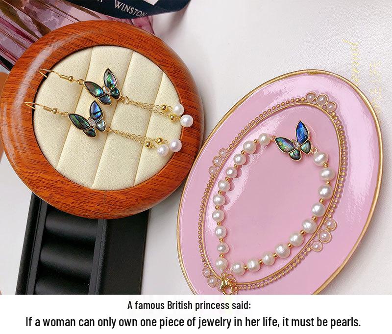 Elegant Freshwater Pearl Bracelet & Abalone Shell Butterfly Earring Set