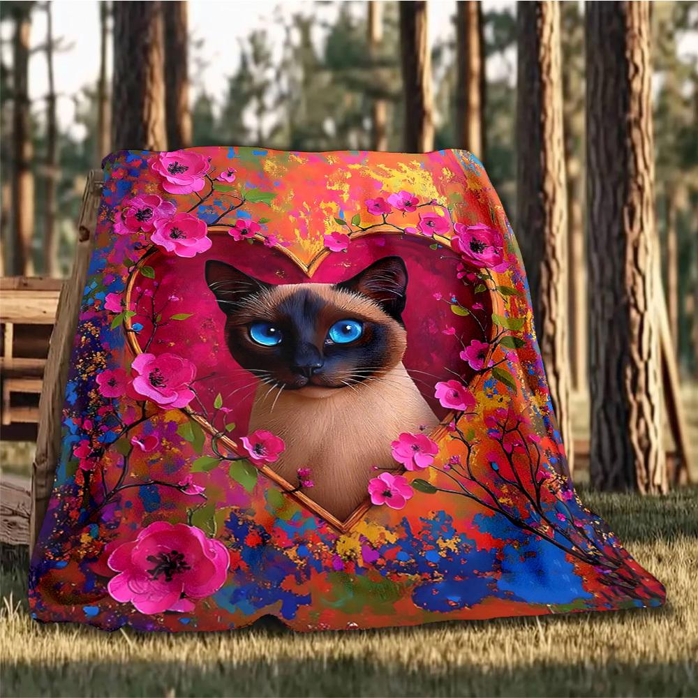 1pc Cat Artwork Outdoor Flannel Blanket , Machine Washable Perfect Gift for Birthday , Holiday Travel Accessory , Durable Material