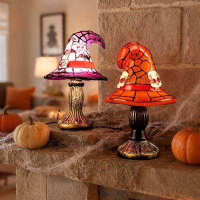 Halloweenový čarodějnický klobouk Stolní lampa, USB vitrážová čarodějnická klobouková lampa, Vintage gotický kouzelnický klobouk Dekorativní noční světlo pro domov, ložnici