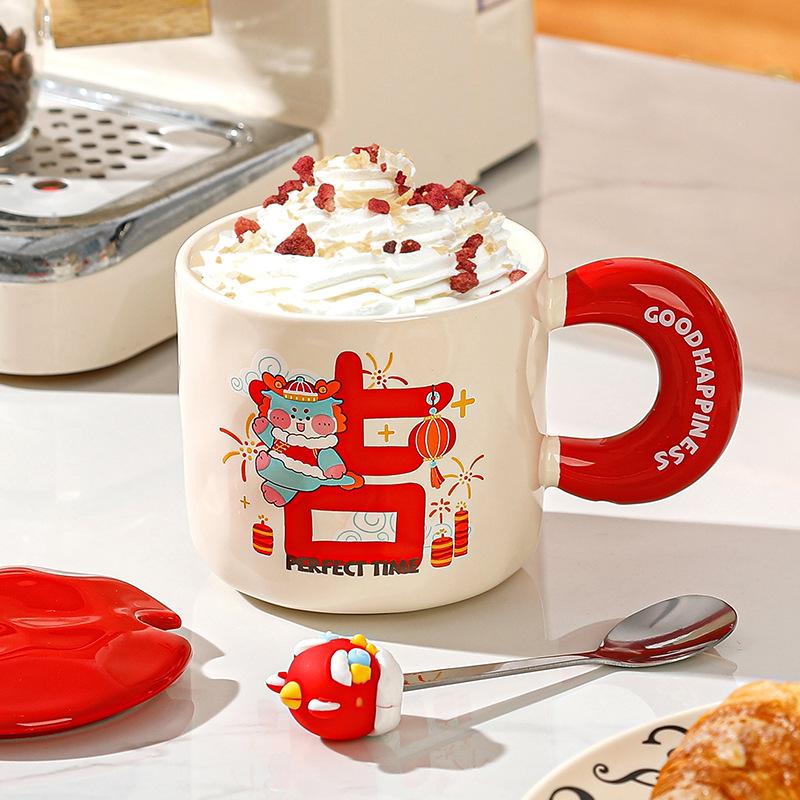 Creative Year Of The Dragon Ceramic Cup With Lid Household High-Value Household Couple Water Cup New Year'S Gift Souvenir