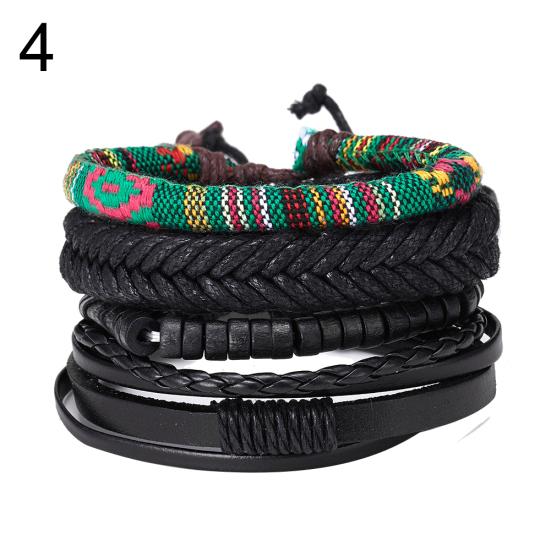 4Pcs/Set Vintage Men Mixed Style Braided Faux Leather Beaded Bracelet Bangle