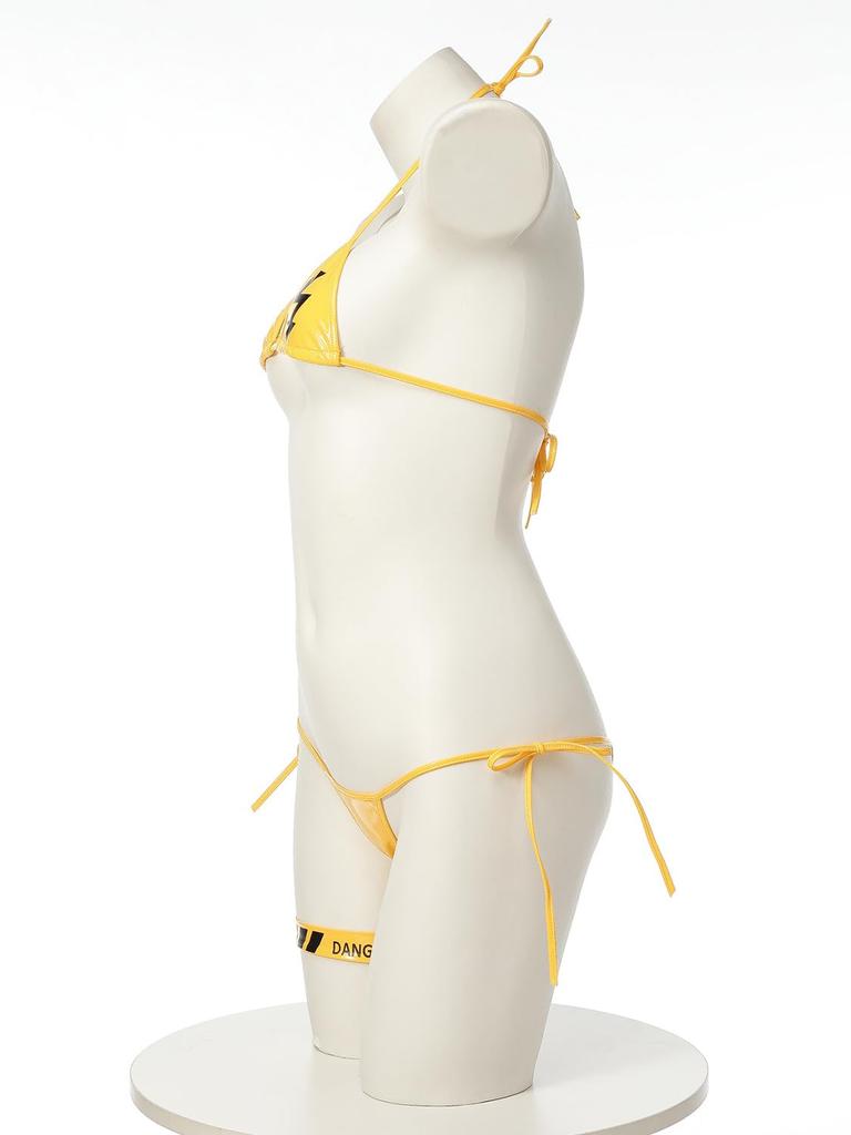 SENMHS Women's Yellow Leather-Look Cyberpunk Bikini, 3-Piece Set, Sexy Strappy Design, Bondage-Style Mini Top, Underwear, Cosplay, Photoshoots, Partie