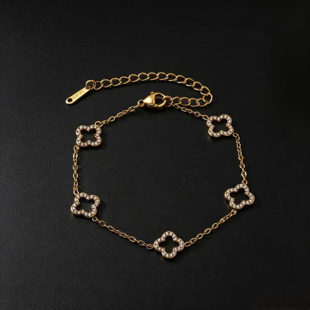 Luxurious Diamond Clover Titanium Steel Bracelet with 18K Gold Zirconia for Women