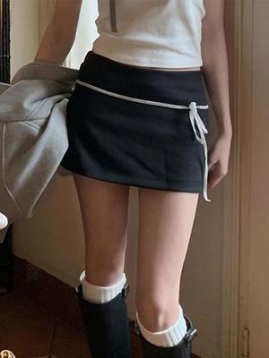 Sweet Basic Patchwork Bandage A-Line Skirt Casual Slim Low-Waisted Mini Skirts Women 2024 Summer Fashion Streetwear Lady