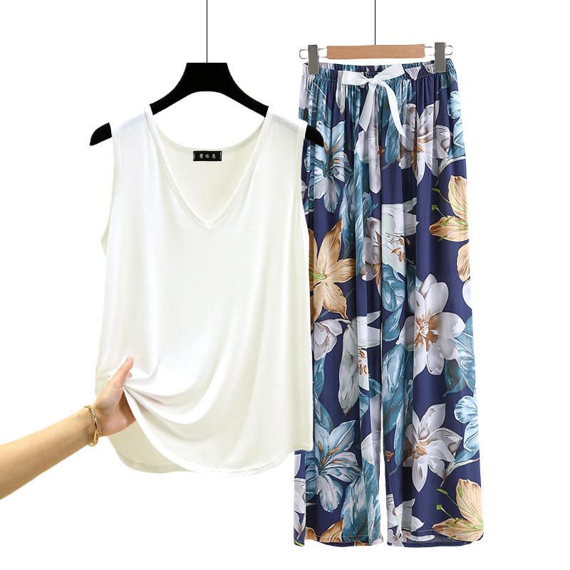 Lockere Modal-Pyjama-Sets Sommer V-Ausschnitt Tanktop und Florale Weite Hosen Lässiger Hausanzug ärmellos Loungewear Übergröße