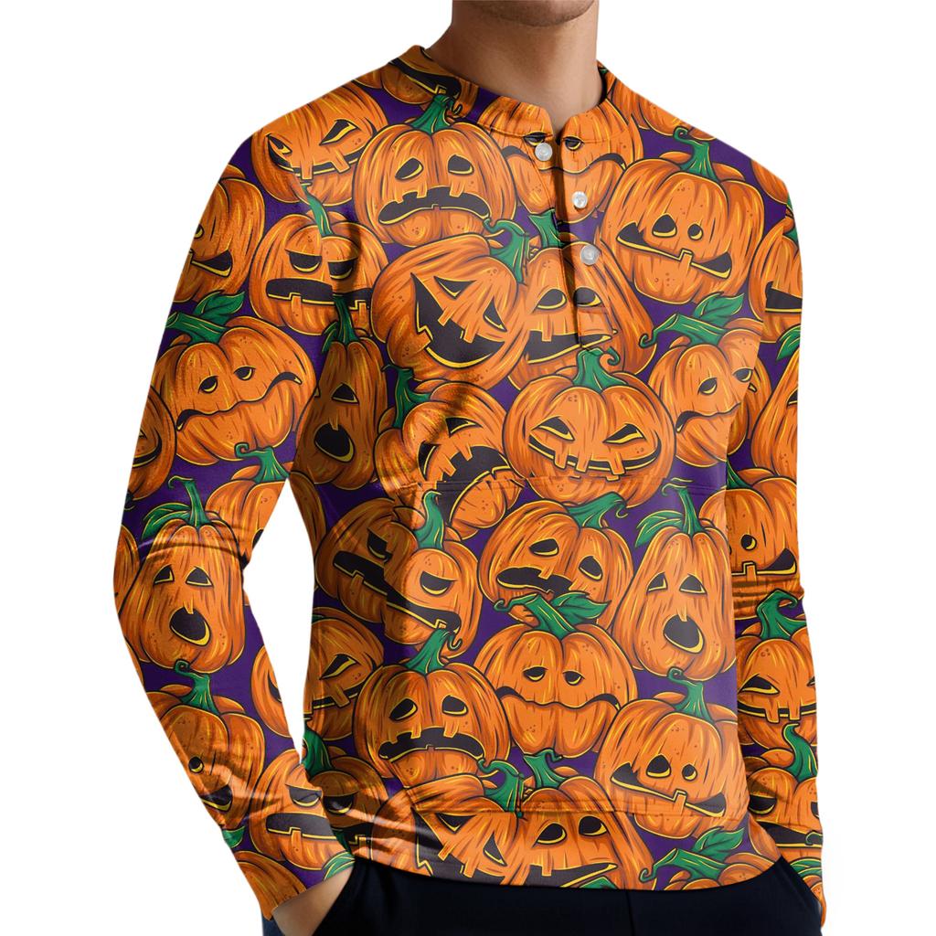 Men's Casual Button-Down Sweatshirt Fashion Printed Long Sleeve Shirt Pullover