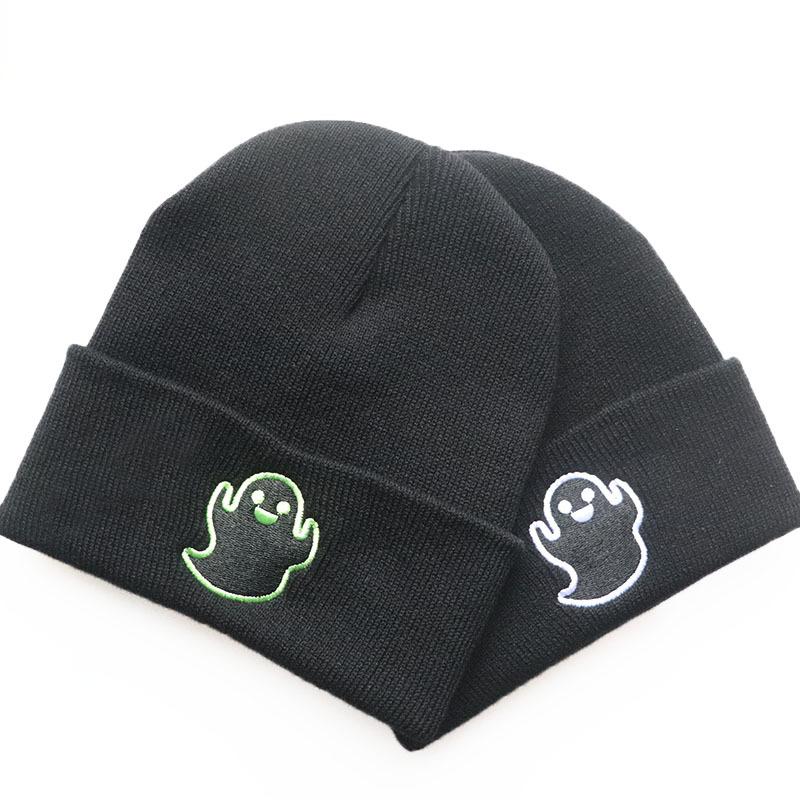 European and American Popular Autumn and Winter Fashion for Men and Women Ghost Ghost Embroidered Knit Hat for Cycling, Warm Woolen Hat for Outdoor