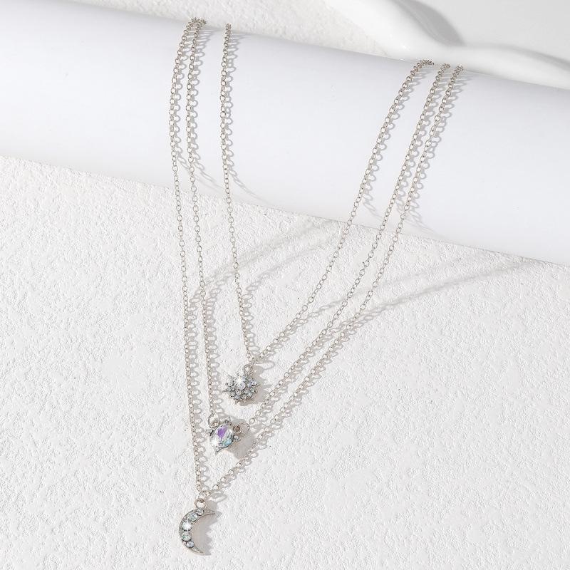 European & American Star Moon Zircon Pendant Necklace: Women's Three-Layer Clavicle Chain with Large Main Stone & Simple Design