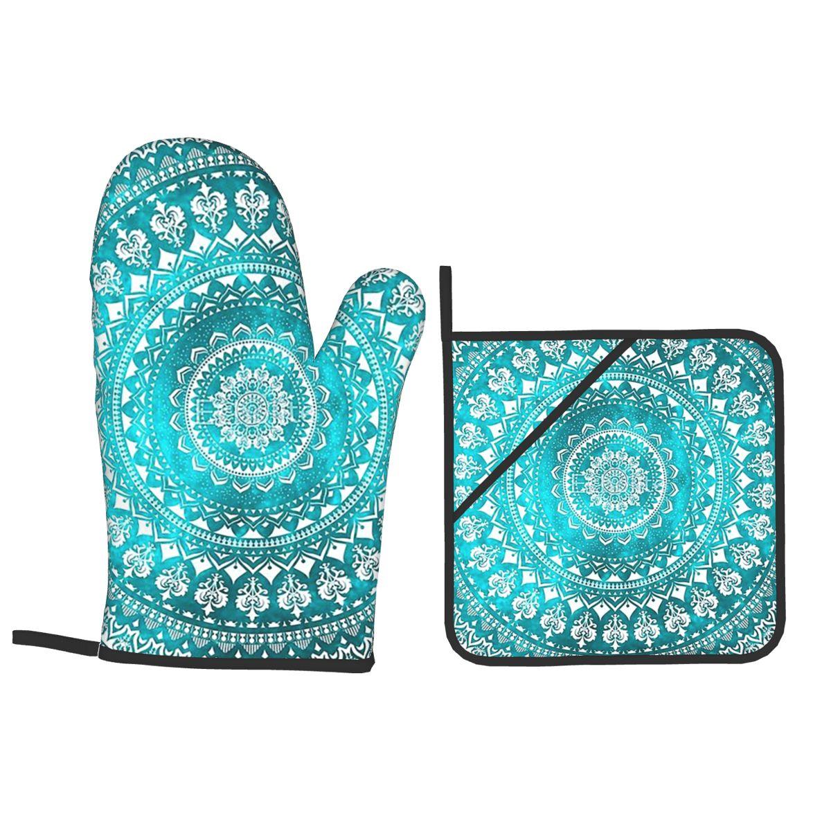 Mandala Türkis Ofenhandschuhe und Topfhandschuh-Sets à 2 Stück zum Backen Küche Kochen BBQ Hitzebeständig Rutschfeste Handschuhe One Size blue