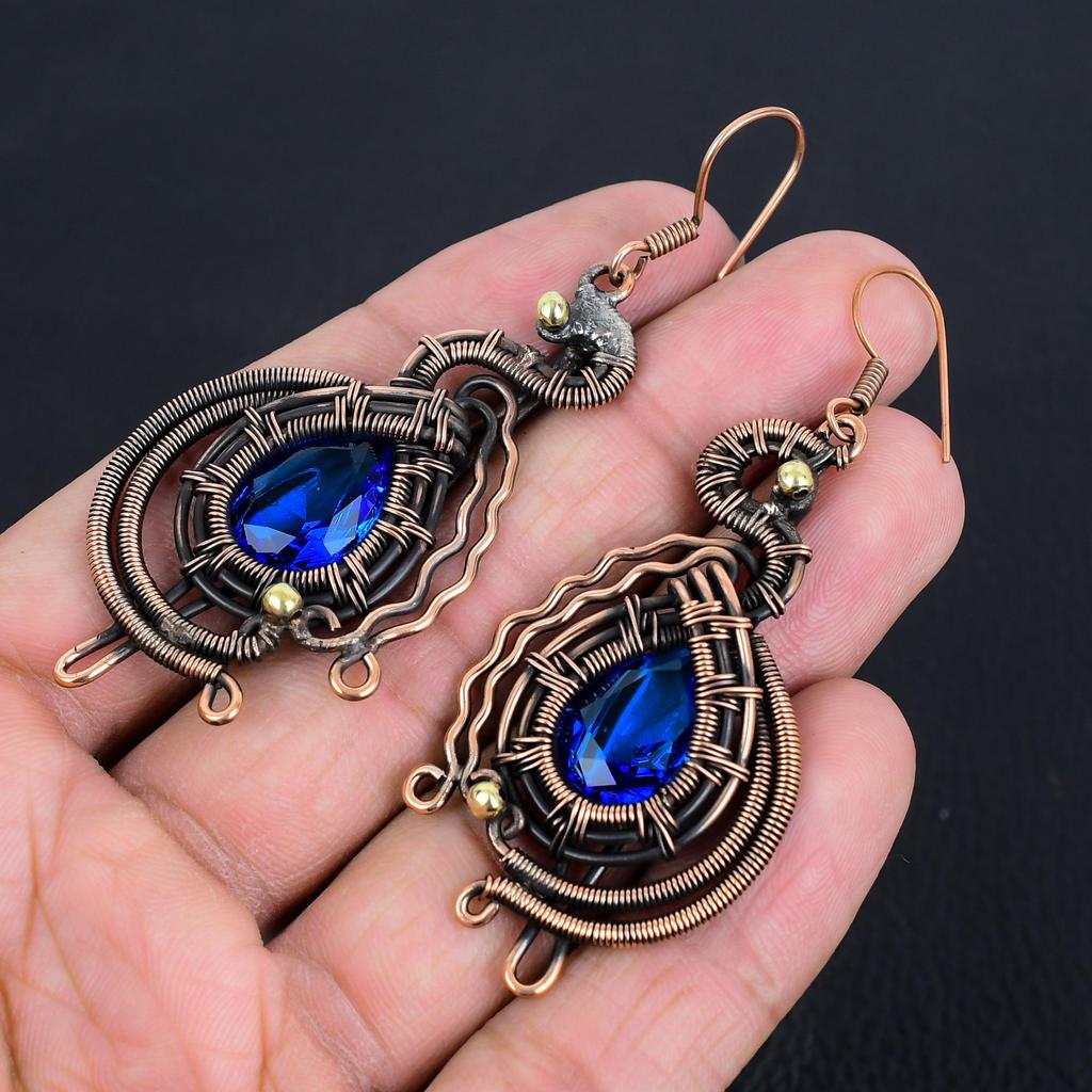 London Blue Topas 999 Kupferdraht umwickelte Ohrringe, Handgefertigter Edelstein-Ohrschmuck, Geschenke für Ehefrau Brandneue Ohrringe