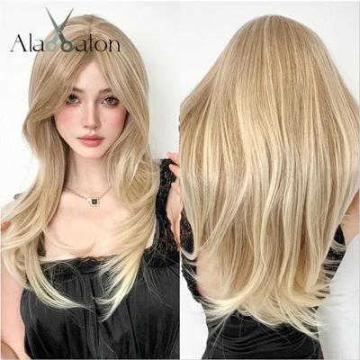 Peluca sintética rubia, pelucas de capas largas con flequillo, pelo liso rubio de aspecto Natural, peluca suave resistente al calor para uso diario