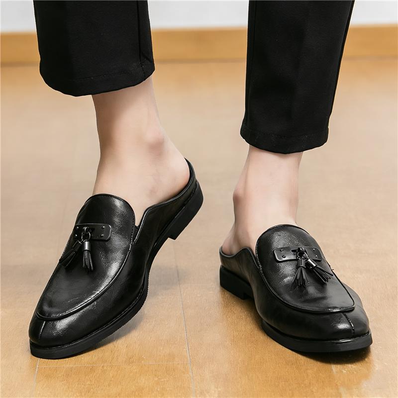 Designer Fashion New Men Black Tassels Half Slippers Shoes Casual Pu Leather Mules Moccasins Breathable Loafers Zapatos Hombre