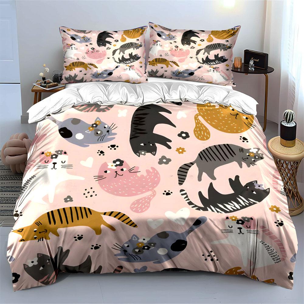 Cute Cartoon Cats Pink Print Bedding Duvet Cover Set (1*Duvet Cover 2*Pillowcases, Without Duvet Insert)