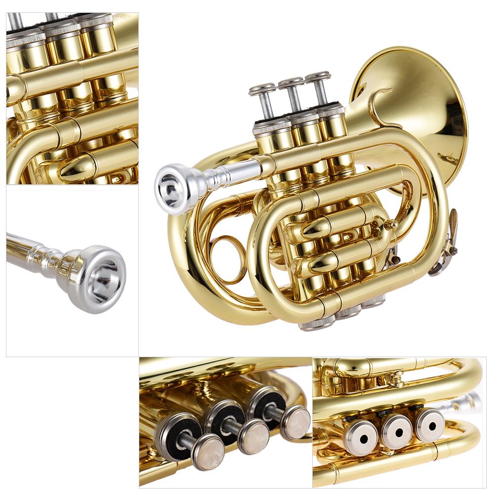 Mini Pocket Trumpet Bb Flat Brass Wind Instrument with Mouthpiece Gloves Cleaning Cloth Carrying Case