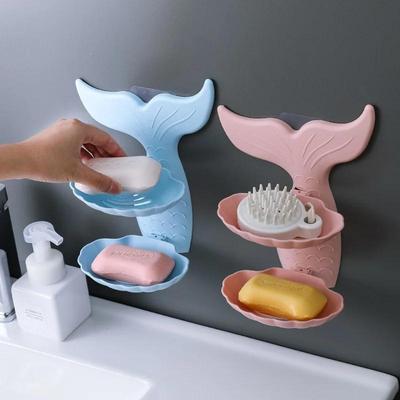 New Double-layer Soap Box  Bathroom Tray Dish Plate Wall Shelf Free Punch Shower Soap Plastic  Double Drain Goldfish Shape Box