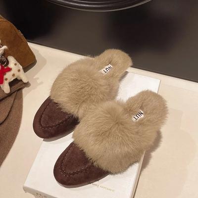 Fashion Slip On Simple Shoes Outwear Woman Warm Shoes Mules Natural Suede Flat Shoes for Women SlippersMules Women's Fur Flats Slippers