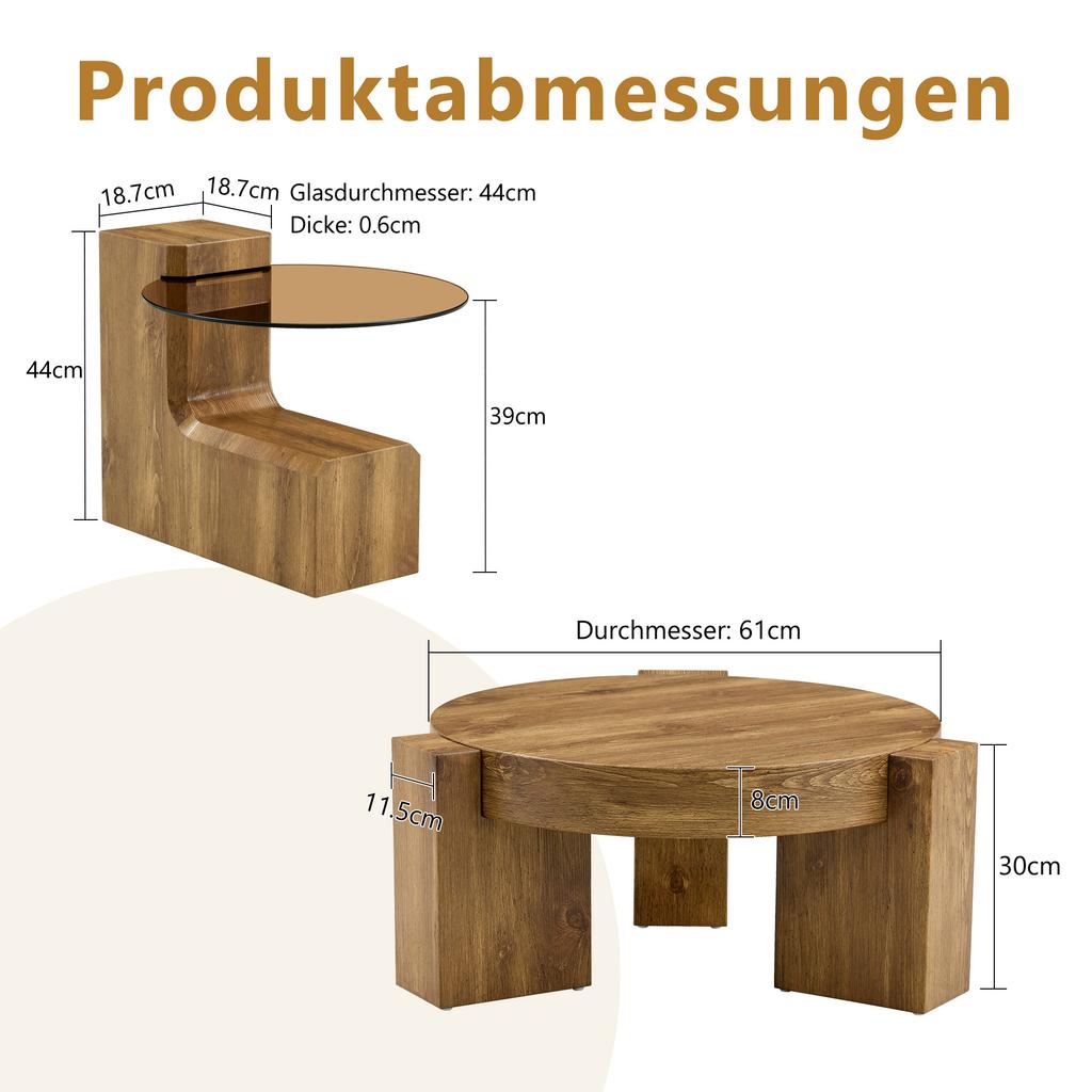 [Separable Coffee Table Set] MDF Wood-Look + 0.6 Cm Brown-Tinted Safety Glass - Combined As a Coffee Table / Split Into Two Side Tables.