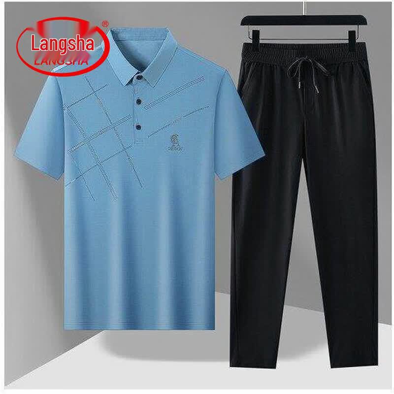 

LangSha Men s Ice Silk Polo Shirt & Long Pants Set 4XL