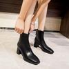 Fyrkantig tå högklackade stövlar 2024 nya korta stövlar dam vår och höst enkelstövlar dragkedja bak vinter tjock klack tunna mellanhöga stövlar