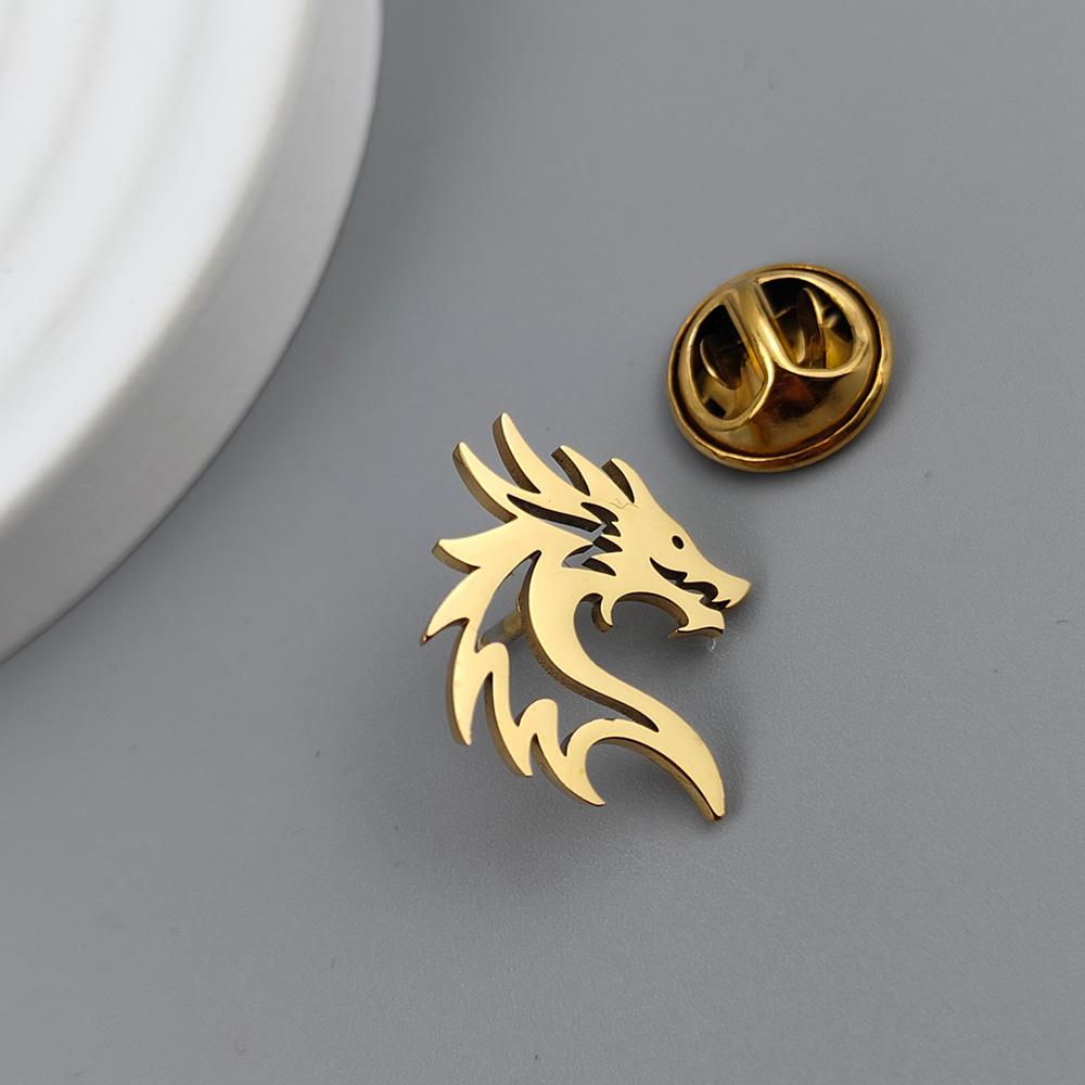 New dragon hollow men's lapel pin, 316L stainless steel gold-plated badge, black brooch for suit accessories, gift for father