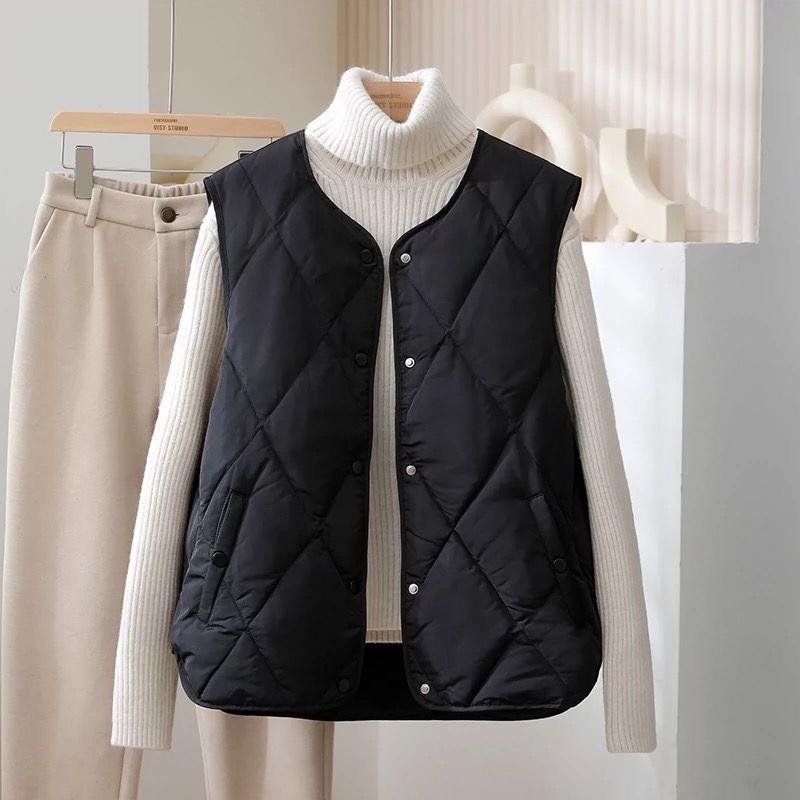 Women Loose Sleeveless Vest Round Neck Thin Quilted Cardigan