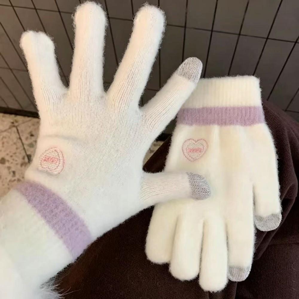 Candy Color Winter Warm Gloves Heart Embroidery Fuzzy Cold Proof Gloves  For Women