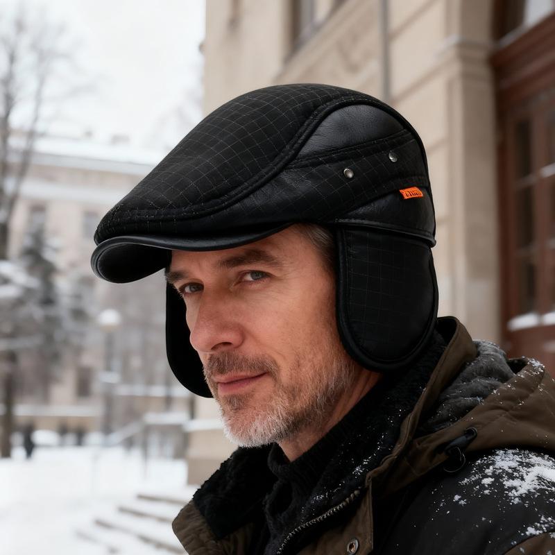 Autumn Winter Plaid Forward Hat Men's Thick Warm Cotton Hat Outdoor Middle-Aged and Elderly Ear Protection Cap Woolen Hat