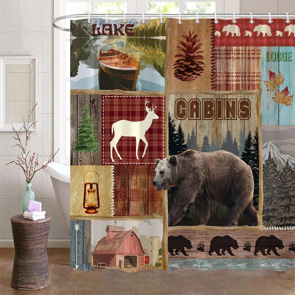 Bear Shower Curtains for Bathroom Wild Animals Rustic Cabin Forest Bear Print Wooden Board Cloth Bath Curtain Set Bathroom Decor