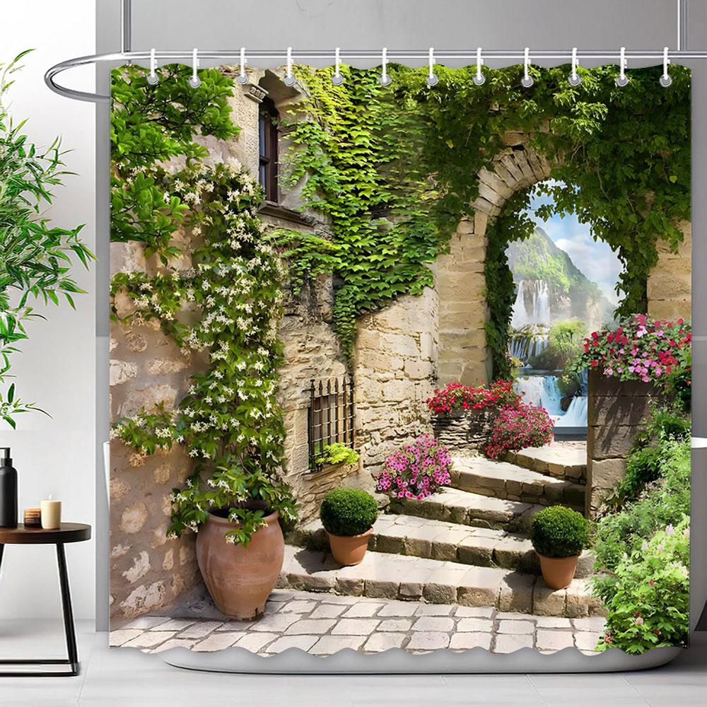 Mediterraner Wald Wasserfall Naturlandschaft Duschvorhang Polyesterstoff Waschbar Badvorhang Badezimmer Dekoration Mit Haken