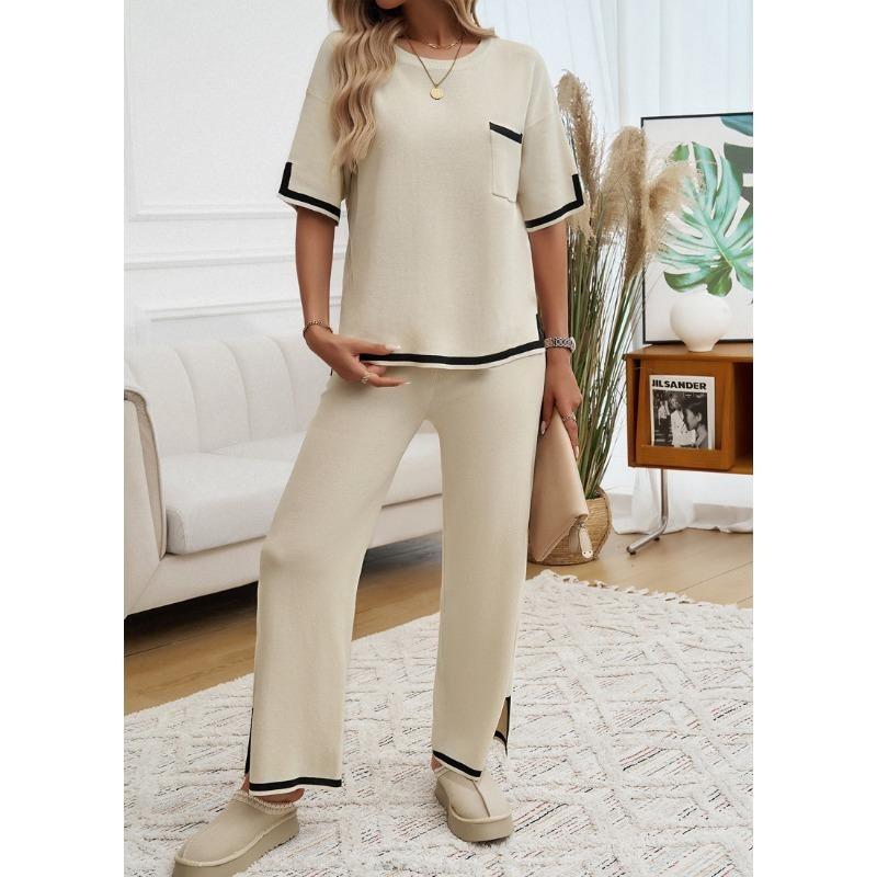Women's Autumn and Winter Temperament Communicator Collision Short Sleeve Long Pants Sweater Set