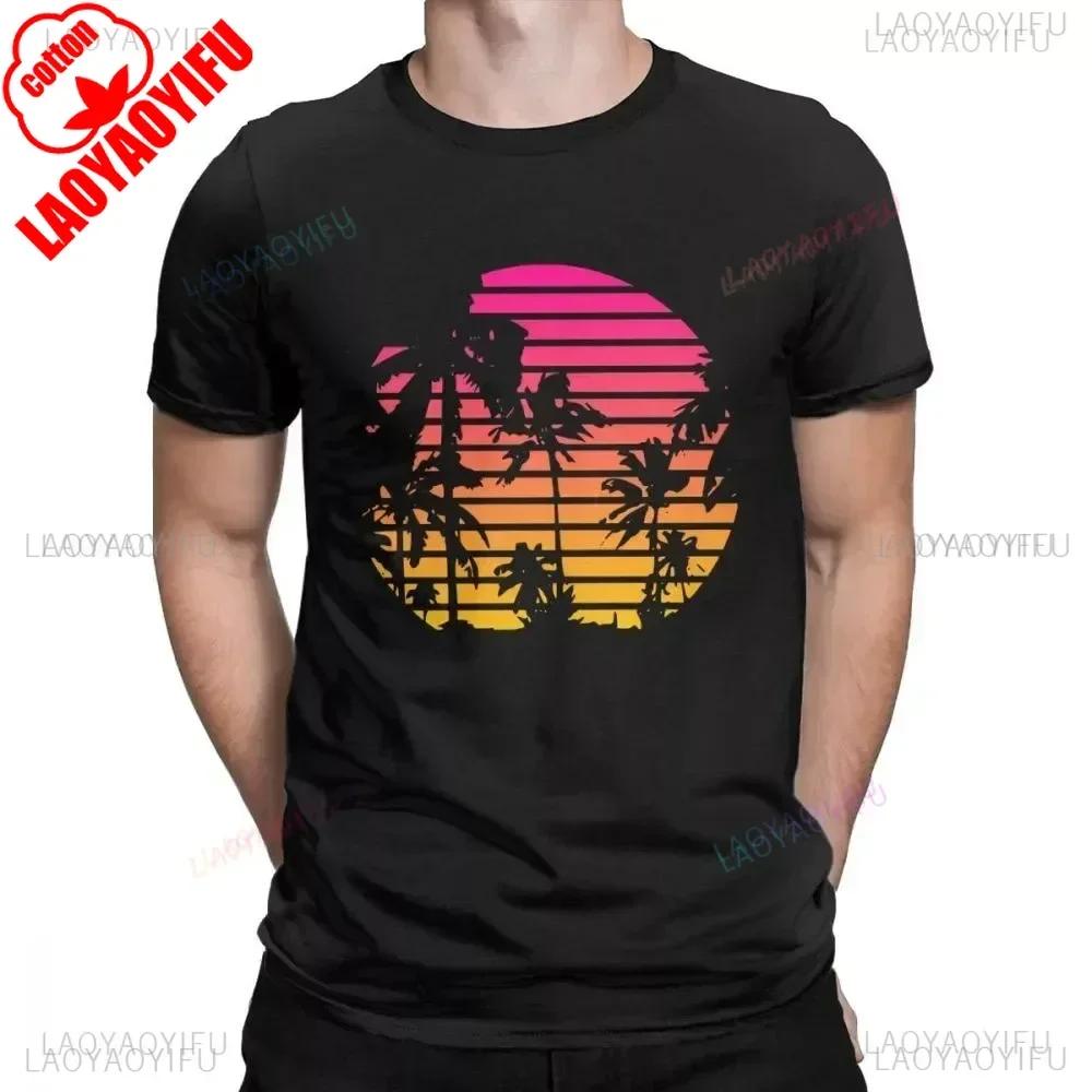 Sunset Palm Tree Vintage  Shirts 80s Synthwave Clothes Vaporwave  Shirt Mens Shirts Printed Tshirt Tops Hipster Streetwear S